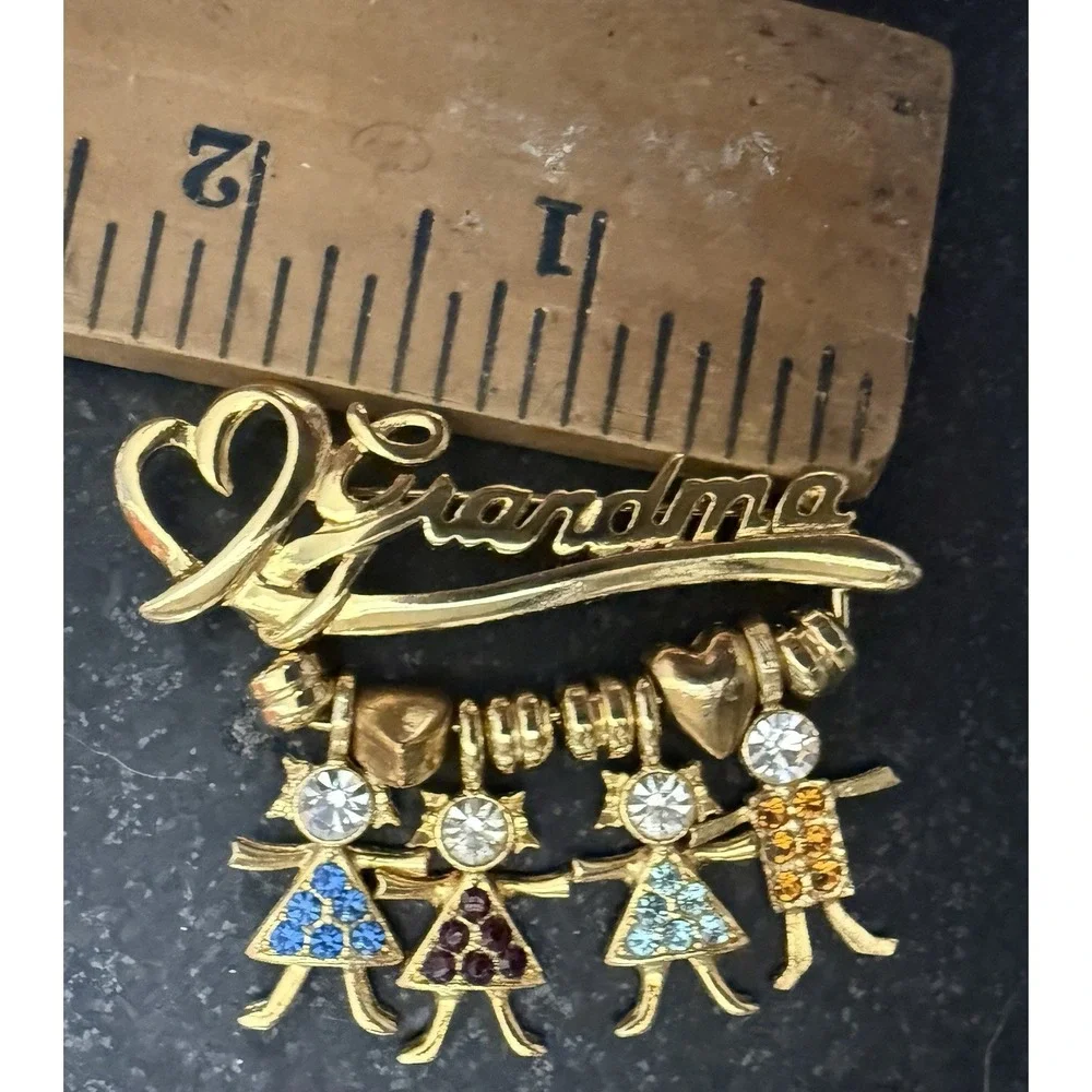 2 Vintage K.I.S. Grandma Gold Tone Brooch Pins Grandchildren Rhinestone Lot